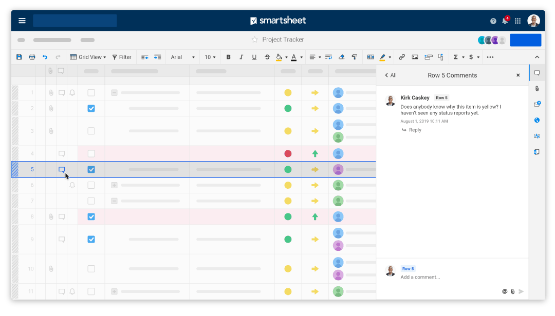 An image of a comment added to a row in Smartsheet