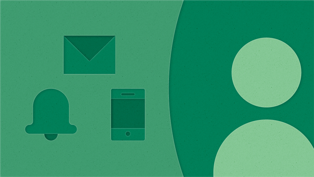 An image of the outline of a light green person with images of a bell, mail, and cell phone to their left