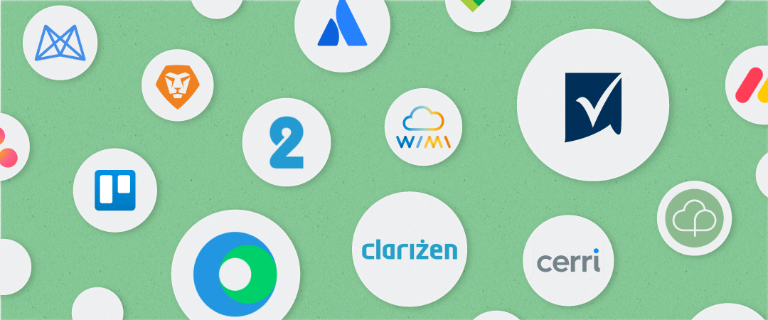 Tech logos appear in white circles atop a textured green background