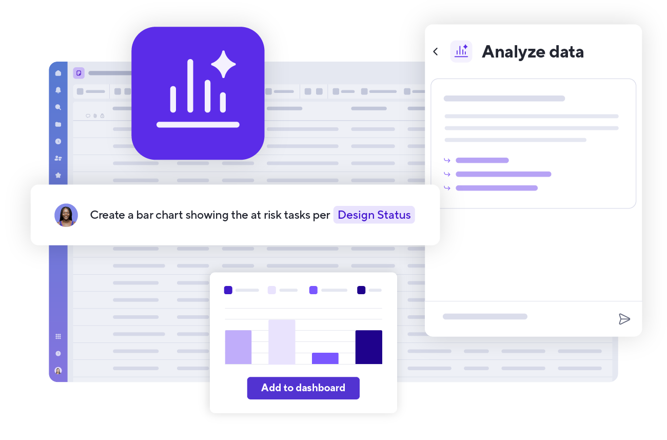 Illustration of Smartsheet AI analyzing data to create charts and metrics for dashboards.