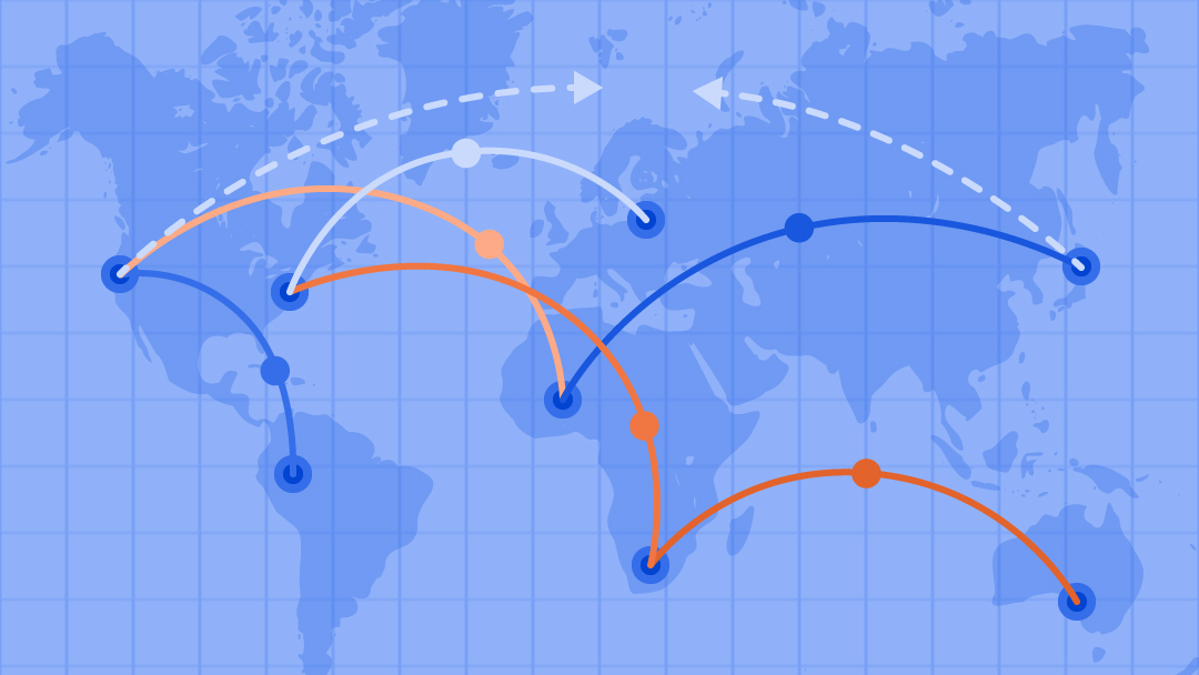 A world map with several different international pin points and arrows going between them